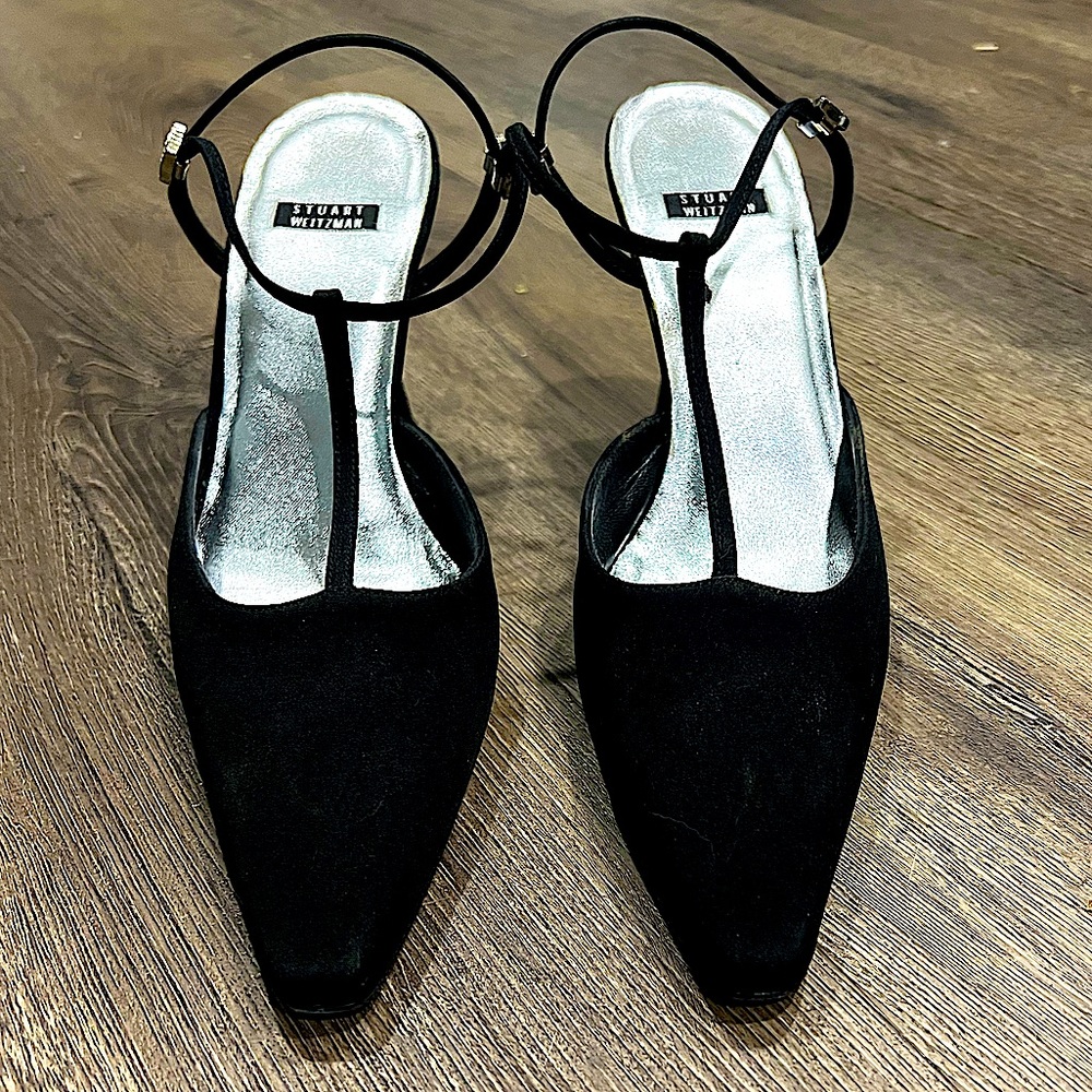 Stuart Weitzman Black Suede T-Strap Pointed Toe Heels